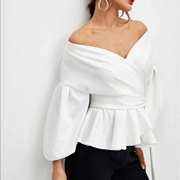 Luxe Off Shoulder Peplum Self Tie Wrap Top Blouse Shirt - Picture 3 of 12